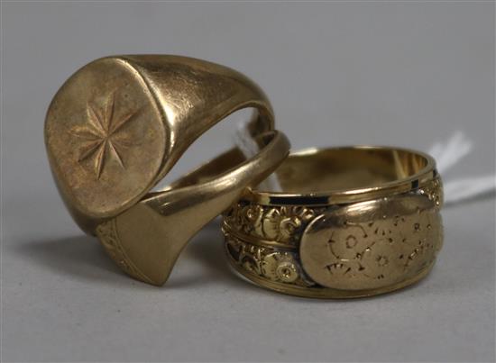 Two 9ct gold signet rings and an earlier gold mourning ring, 12.5 grams.